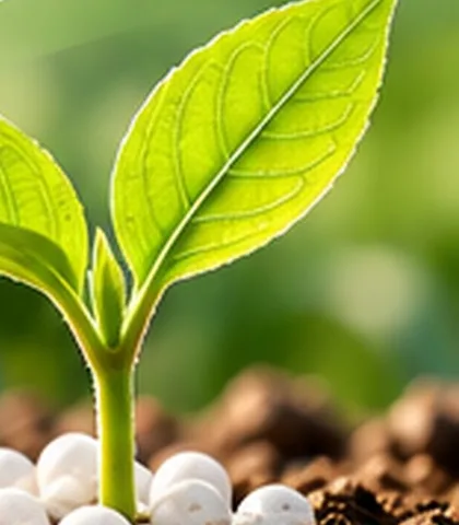 Seedling growing among urea granules