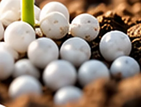 Urea fertiliser granules on soil