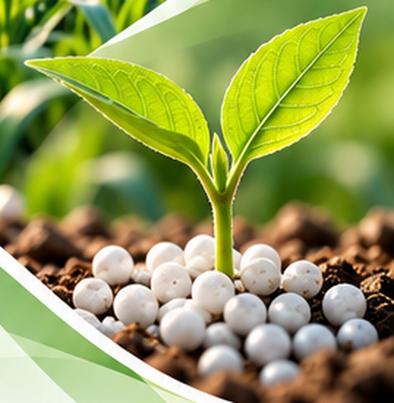 Sapling growing among white urea fertiliser granules