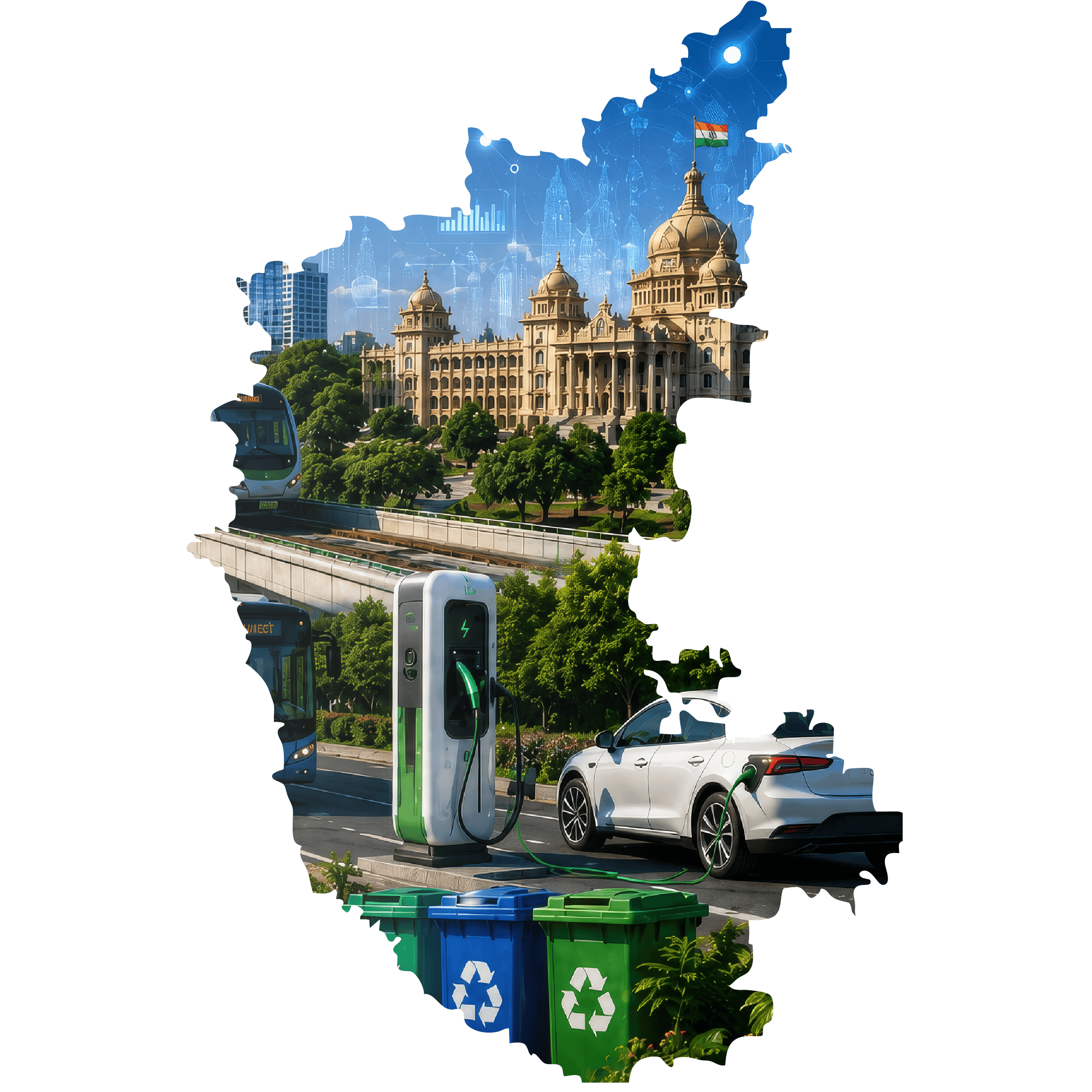 Map of Karnataka filled with photos of its famous places — Hampi, Gol Gumbaz, Aihole, Srirangapatna, Vidhana Soudha and Adiyogi